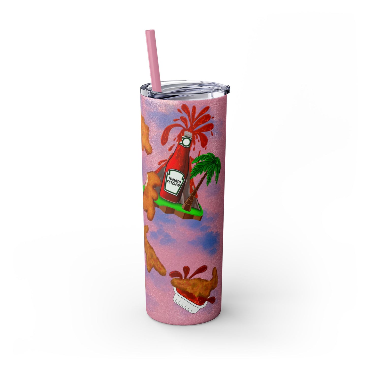 Dino Nuggets Tropical Themed Skinny Tumbler with Straw, 20oz | Fun Vacation Drinkware, Summer, Hawaiian Party, Gift for Beach Lovers