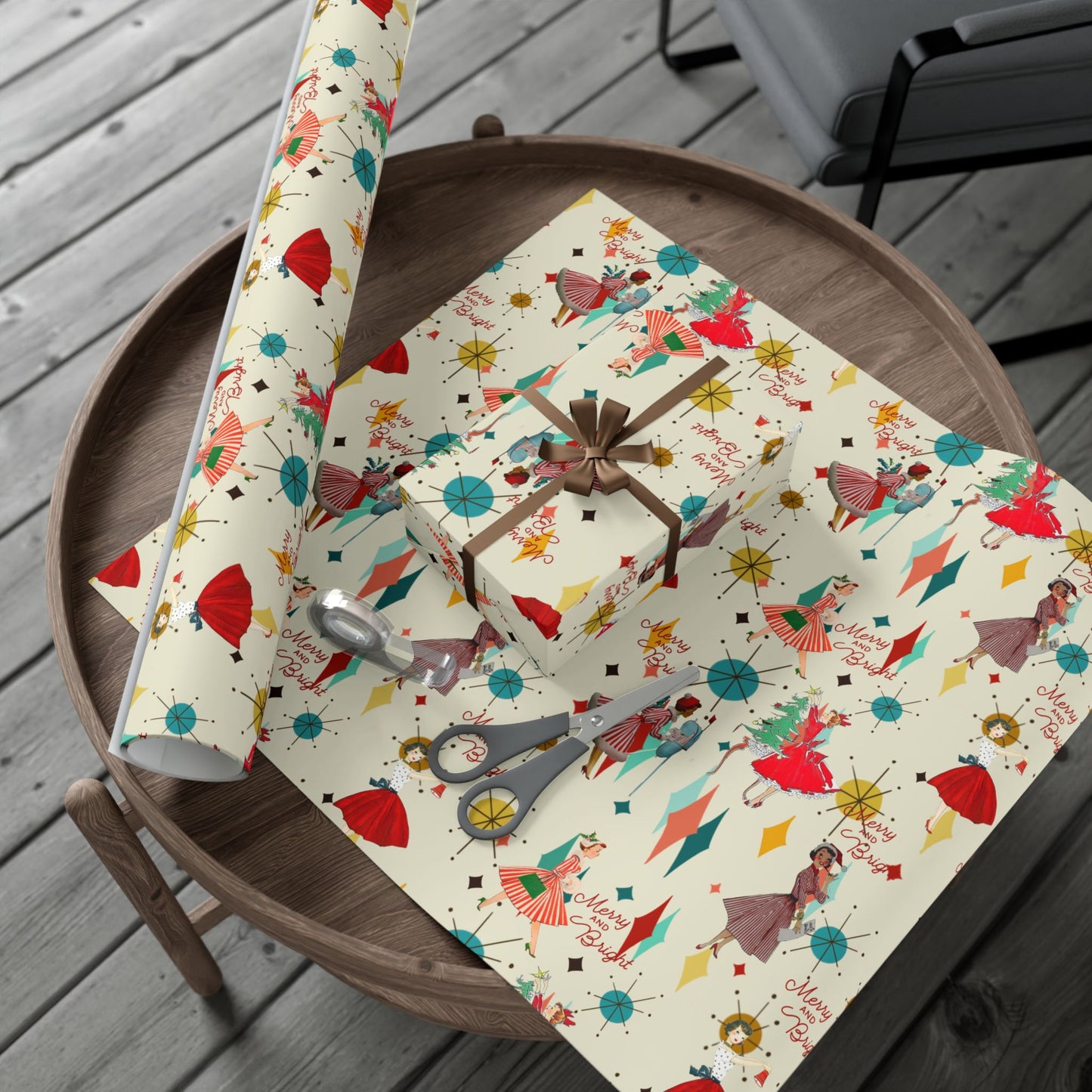 Mid-Century Holiday Gift Wrap Paper – Retro Christmas Dancers & “Merry and Bright” Pattern