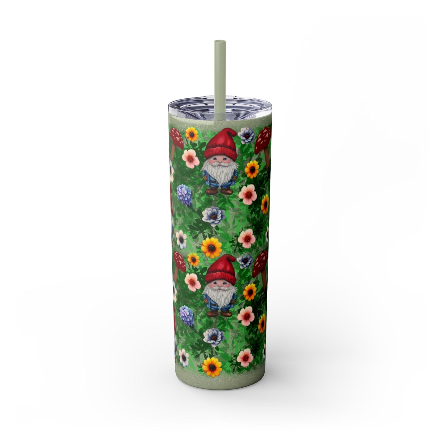 Whimsical Gnome Skinny Tumbler with Straw, Perfect for Garden Lovers, Cute Gift for Birthdays, Summer Drinks, Floral Design