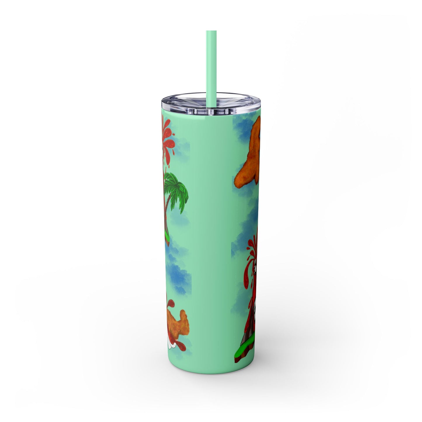 Dino Nuggets Tropical Themed Skinny Tumbler with Straw, 20oz | Fun Vacation Drinkware, Summer, Hawaiian Party, Gift for Beach Lovers