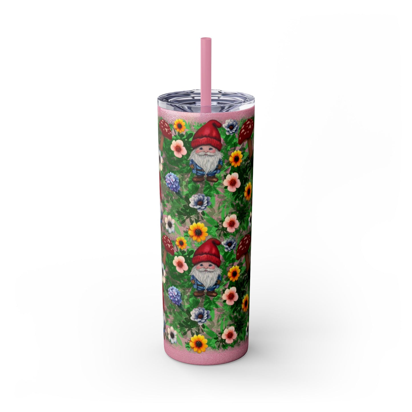 Whimsical Gnome Skinny Tumbler with Straw, Perfect for Garden Lovers, Cute Gift for Birthdays, Summer Drinks, Floral Design