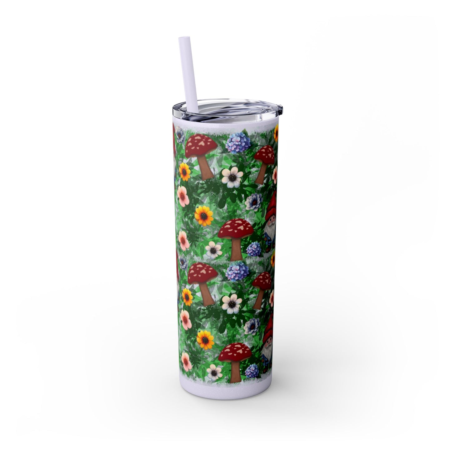 Whimsical Gnome Skinny Tumbler with Straw, Perfect for Garden Lovers, Cute Gift for Birthdays, Summer Drinks, Floral Design