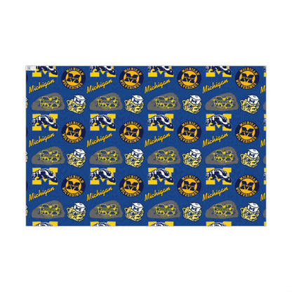 Michigan Wolverines Gift Wrap Paper – Blue & Maize Collegiate Pattern (Text: "Michigan")