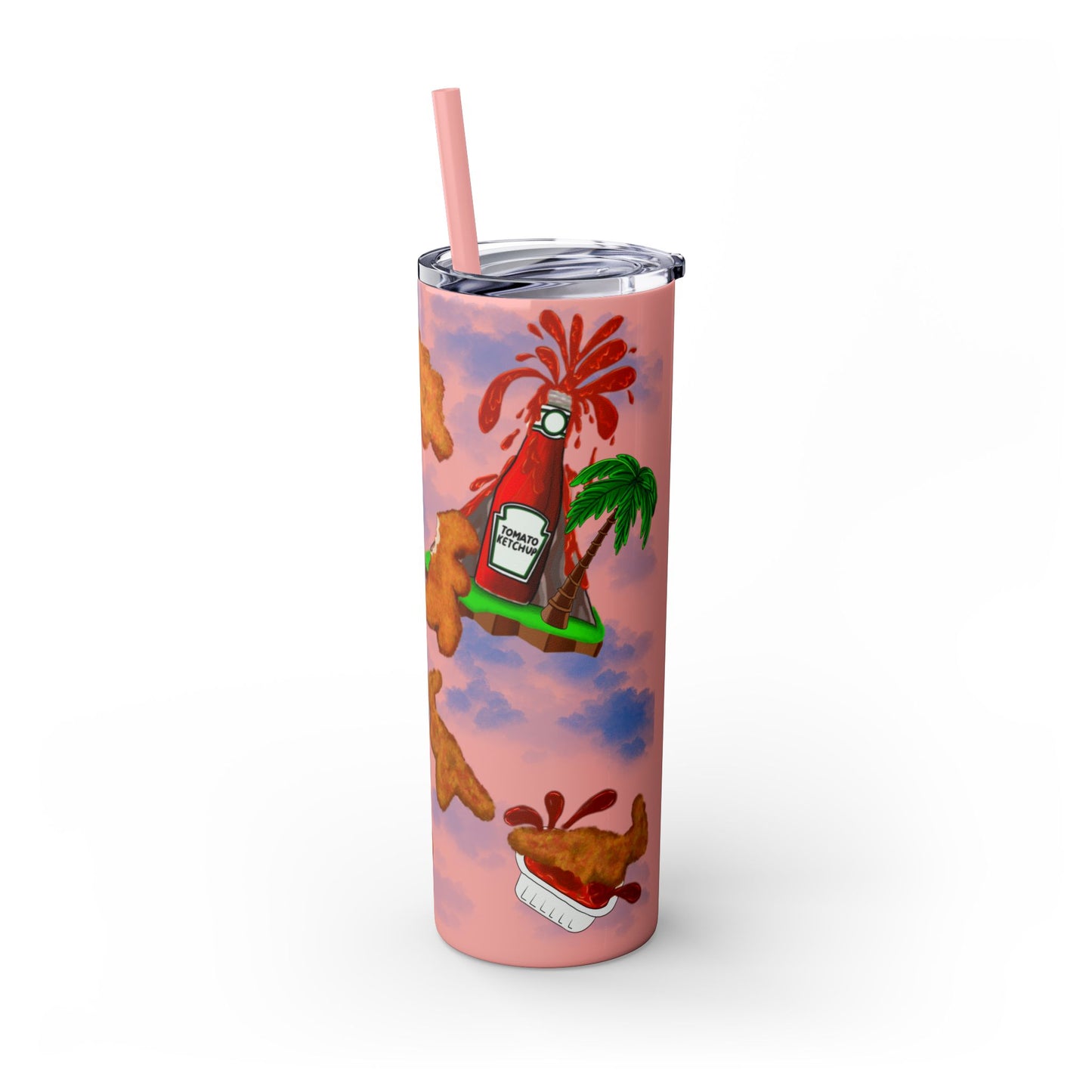 Dino Nuggets Tropical Themed Skinny Tumbler with Straw, 20oz | Fun Vacation Drinkware, Summer, Hawaiian Party, Gift for Beach Lovers