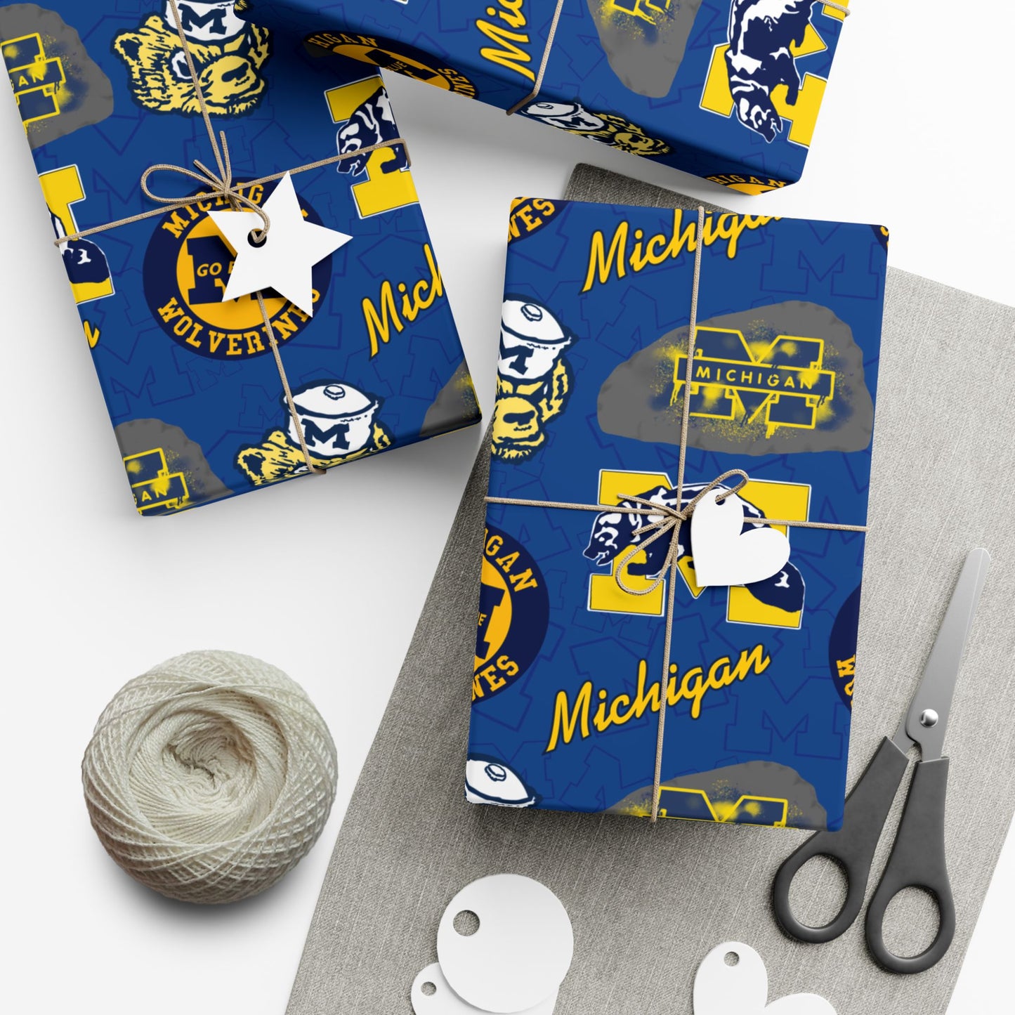 Michigan Wolverines Gift Wrap Paper – Blue & Maize Collegiate Pattern (Text: "Michigan")
