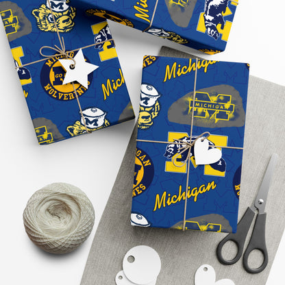 Michigan Wolverines Gift Wrap Paper – Blue & Maize Collegiate Pattern (Text: "Michigan")