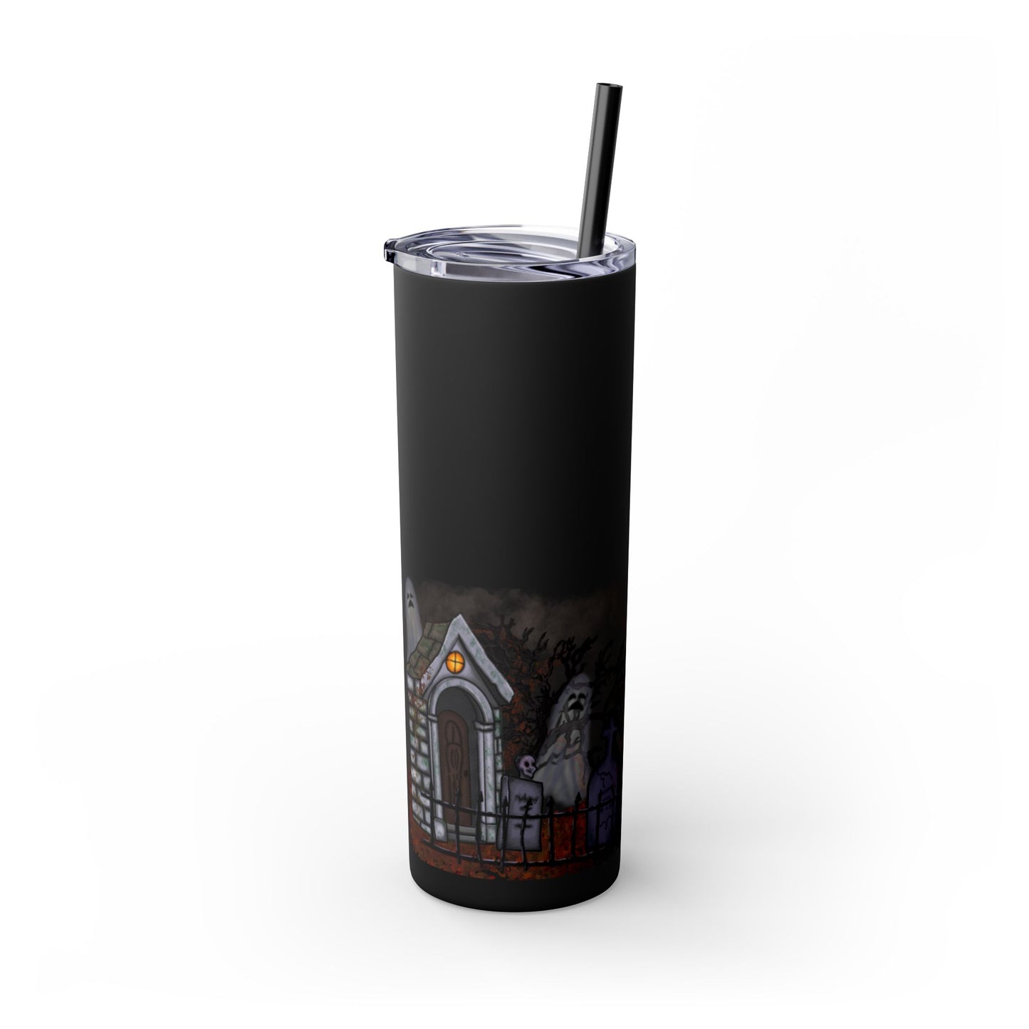 Graveyard Skinny Tumbler with Straw, Haunted House Design for Witchy Gatherings, 20oz Travel Mug, Trick or Treat Accessories, [...]