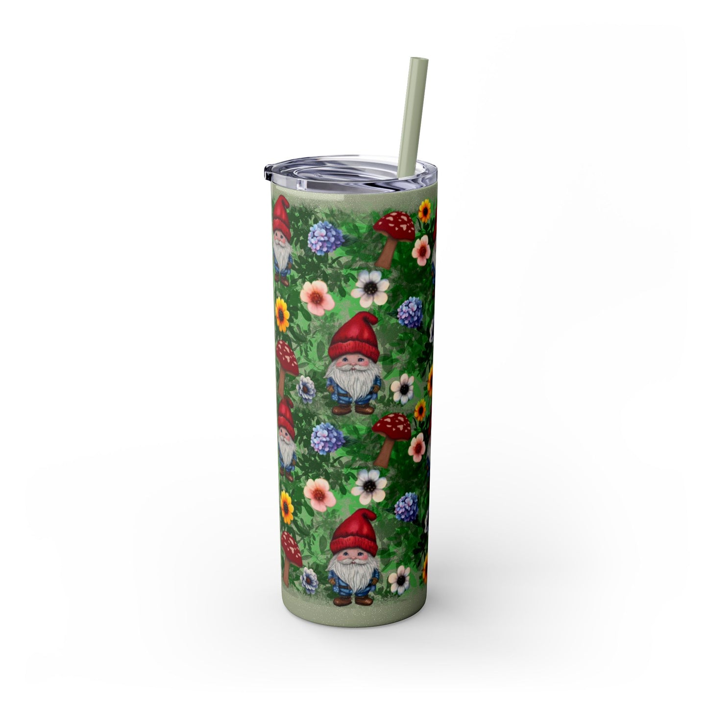 Whimsical Gnome Skinny Tumbler with Straw, Perfect for Garden Lovers, Cute Gift for Birthdays, Summer Drinks, Floral Design