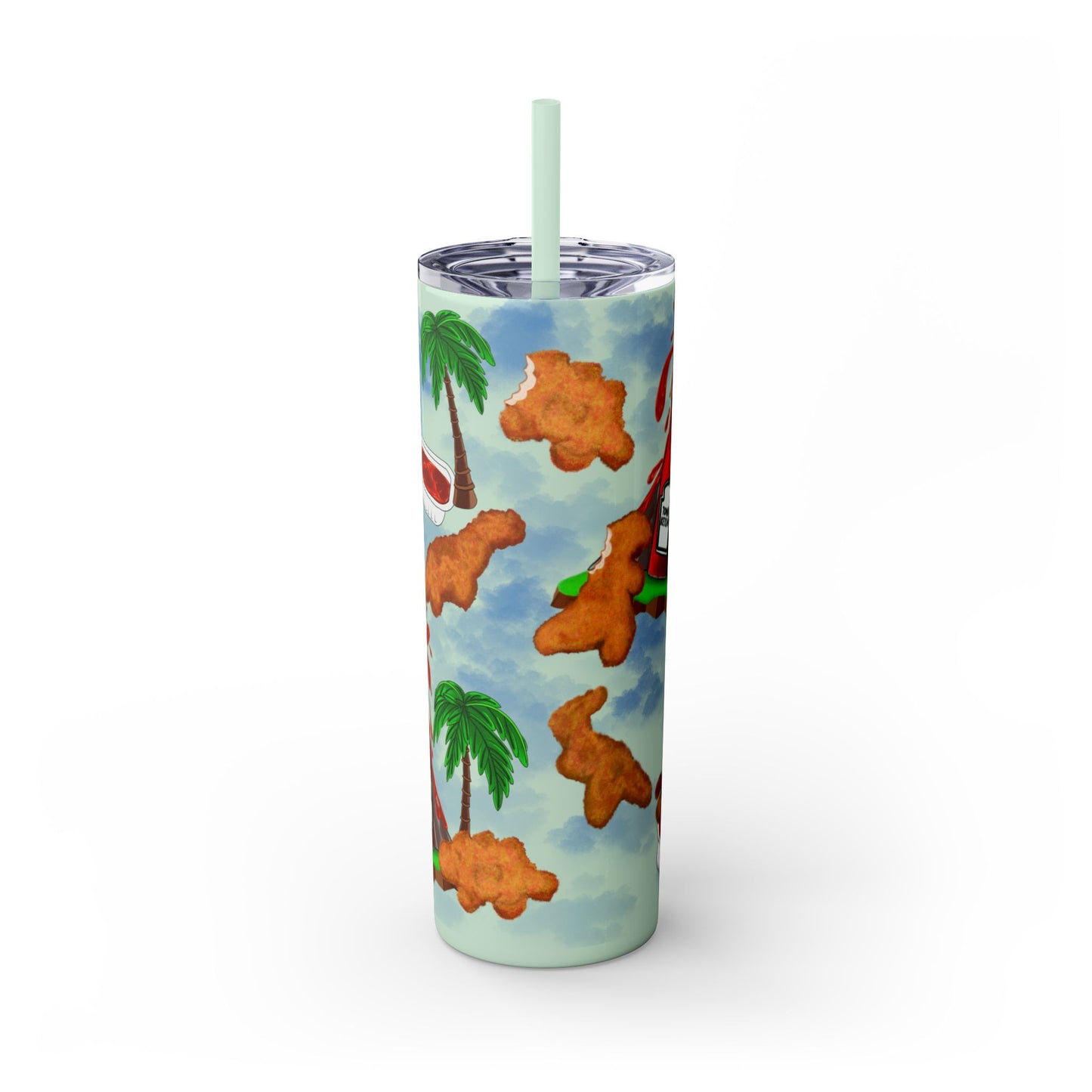 Dino Nuggets Tropical Themed Skinny Tumbler with Straw, 20oz | Fun Vacation Drinkware, Summer, Hawaiian Party, Gift for Beach Lovers
