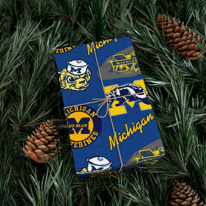 Michigan Wolverines Gift Wrap Paper – Blue & Maize Collegiate Pattern (Text: "Michigan")