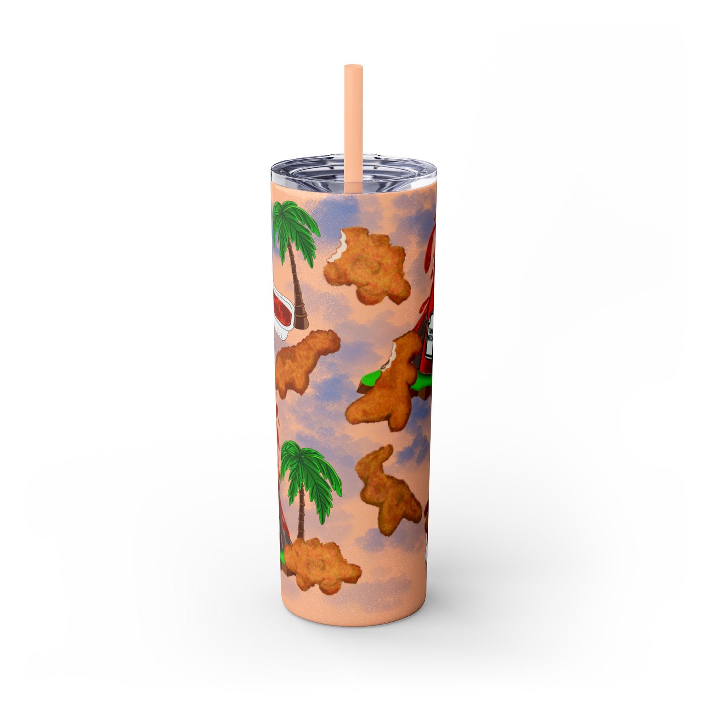 Dino Nuggets Tropical Themed Skinny Tumbler with Straw, 20oz | Fun Vacation Drinkware, Summer, Hawaiian Party, Gift for Beach Lovers