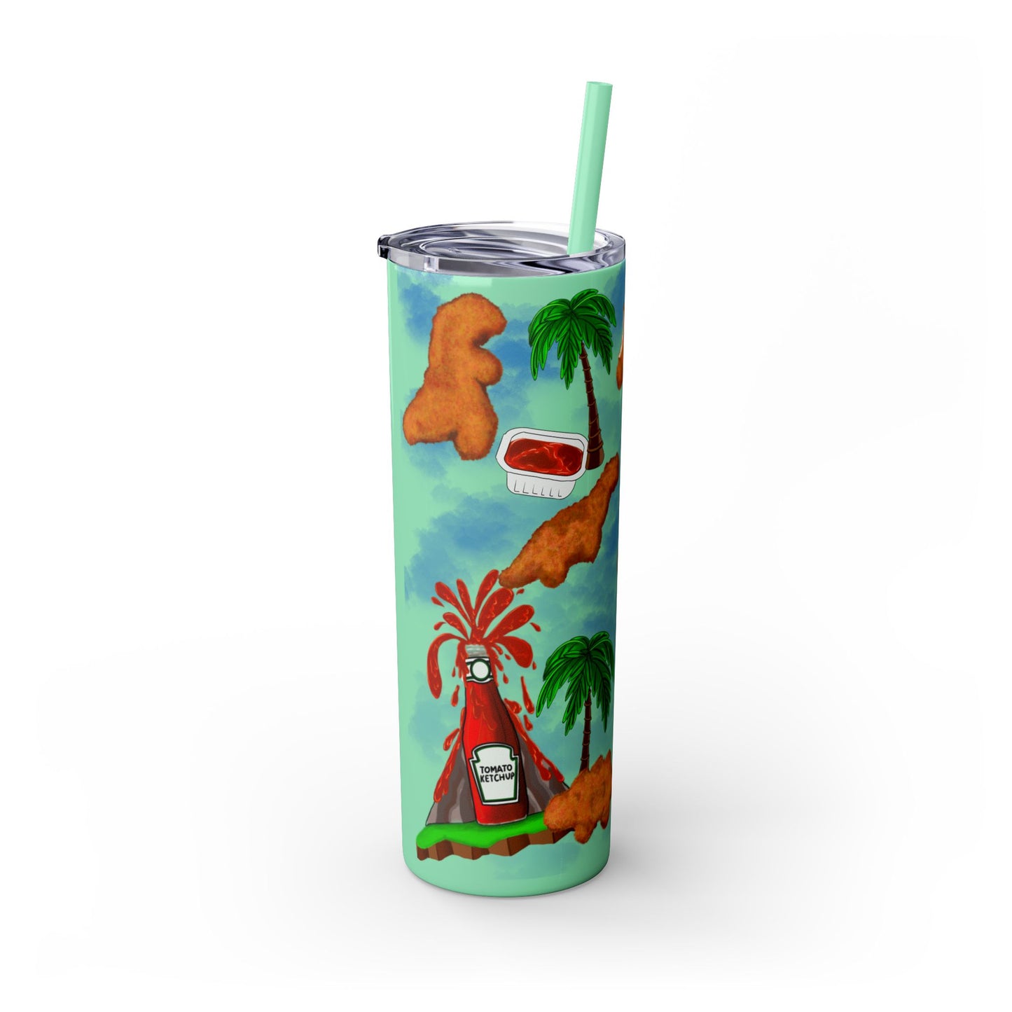 Dino Nuggets Tropical Themed Skinny Tumbler with Straw, 20oz | Fun Vacation Drinkware, Summer, Hawaiian Party, Gift for Beach Lovers