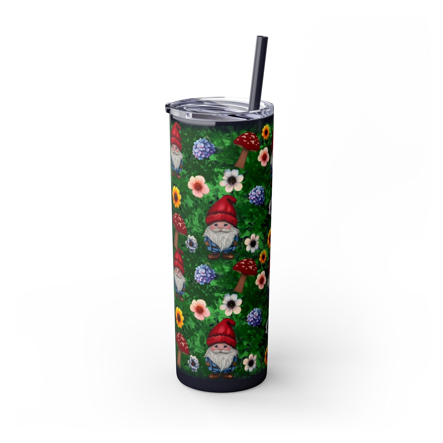 Whimsical Gnome Skinny Tumbler with Straw, Perfect for Garden Lovers, Cute Gift for Birthdays, Summer Drinks, Floral Design