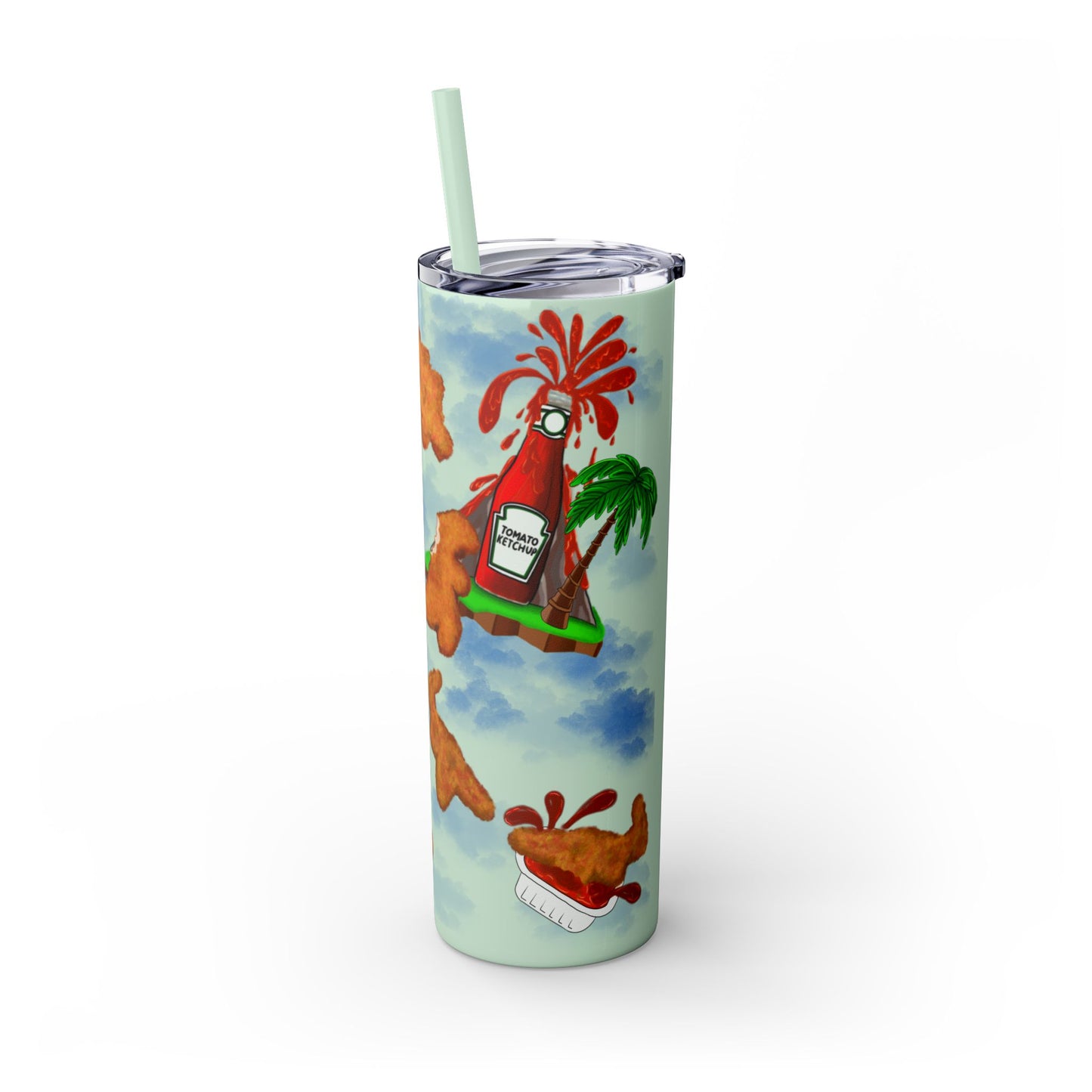 Dino Nuggets Tropical Themed Skinny Tumbler with Straw, 20oz | Fun Vacation Drinkware, Summer, Hawaiian Party, Gift for Beach Lovers