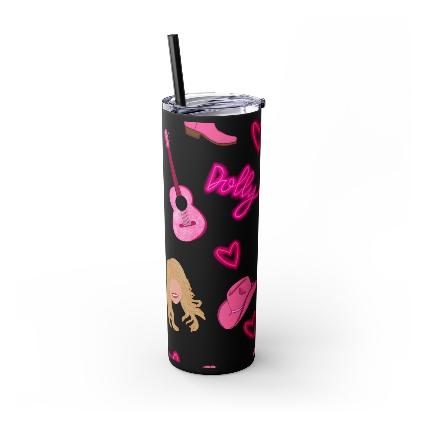 Dolly Parton Tumbler, 20oz Skinny Drinkware with Straw, Perfect for Concerts, Gifts for Music Lovers, Cute Pink Design, Fun Party Favor