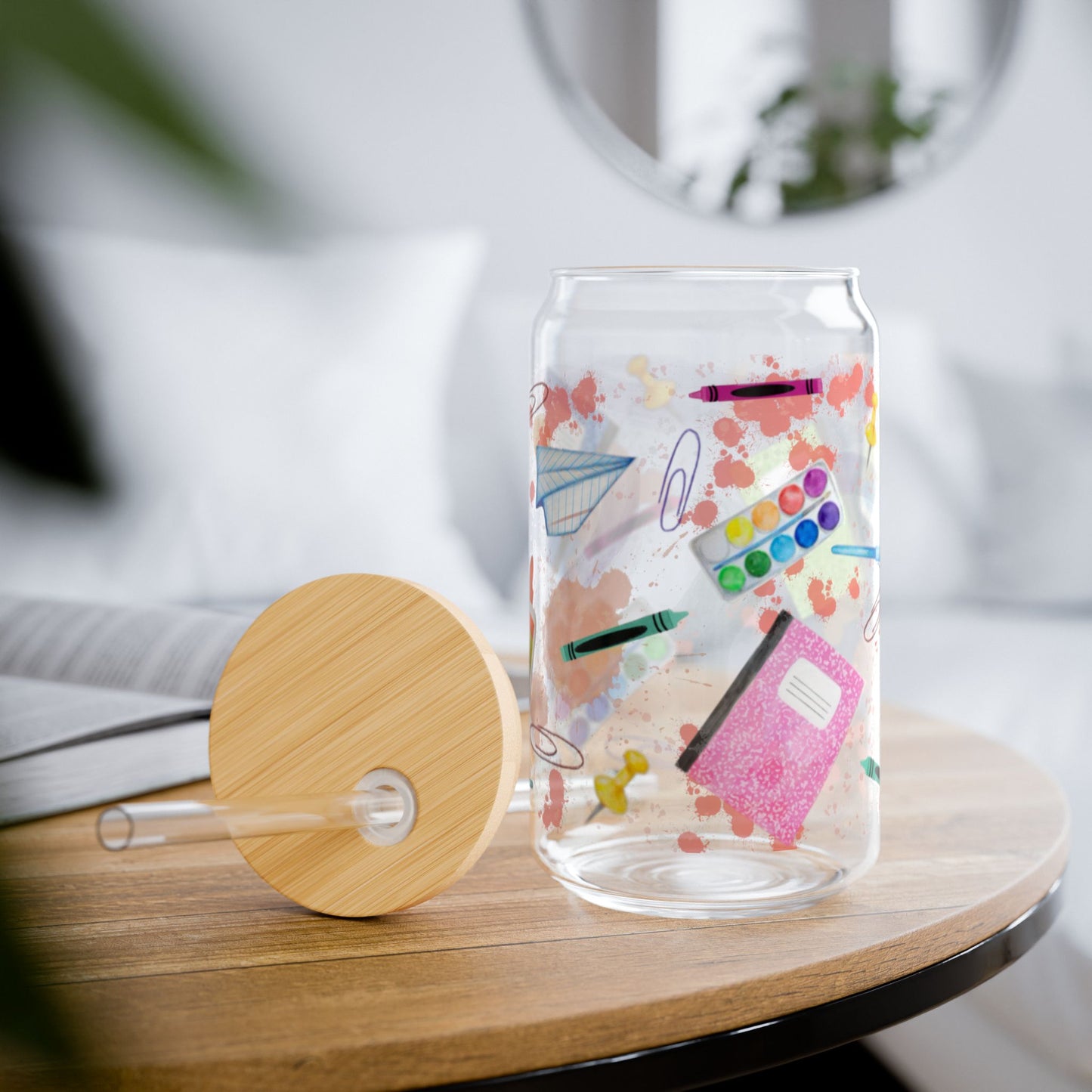 School Supplies Sipper Glass | Cute Drinkware for Teachers, Students, and Artists | Perfect for Back to School and Gifts