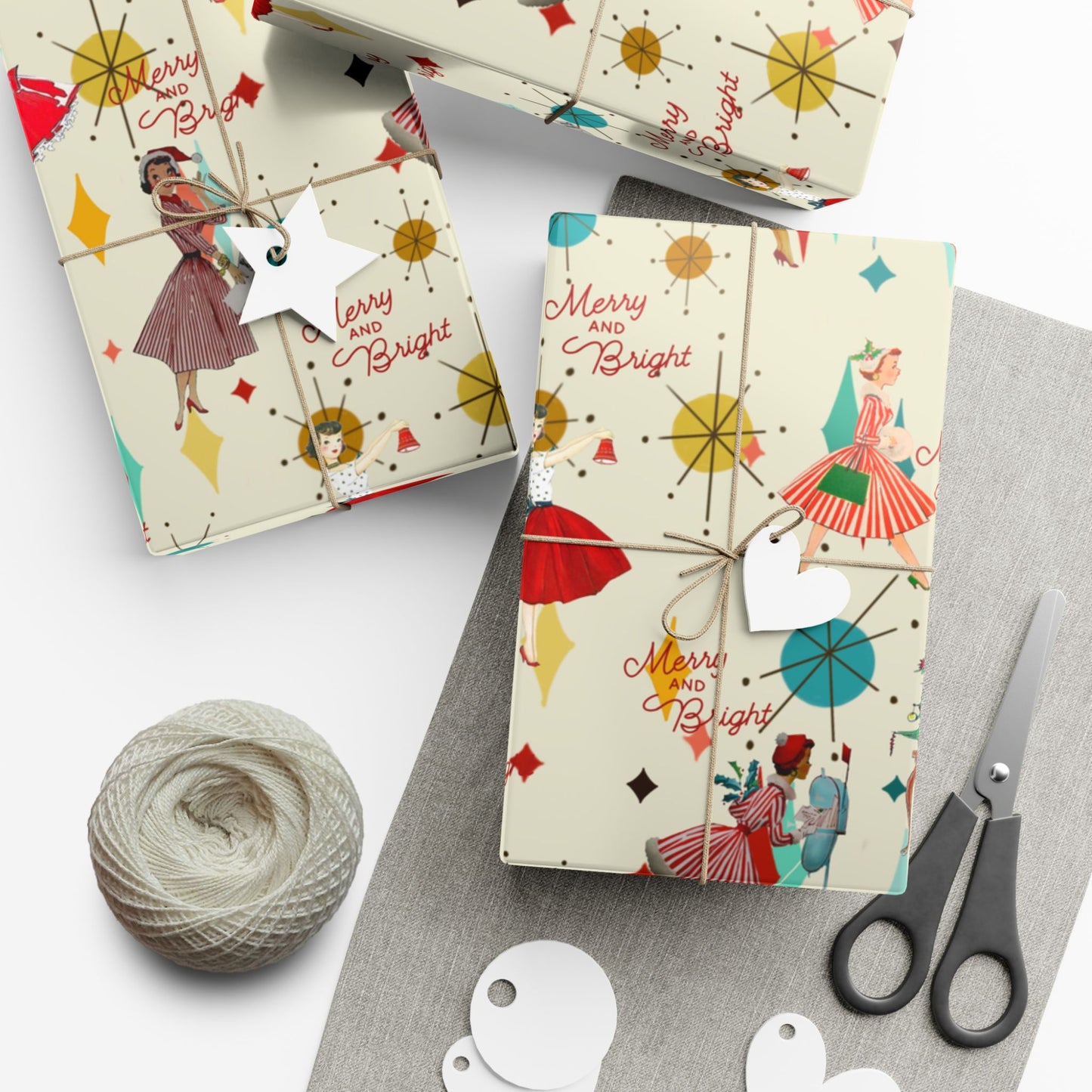 Mid-Century Holiday Gift Wrap Paper – Retro Christmas Dancers & “Merry and Bright” Pattern