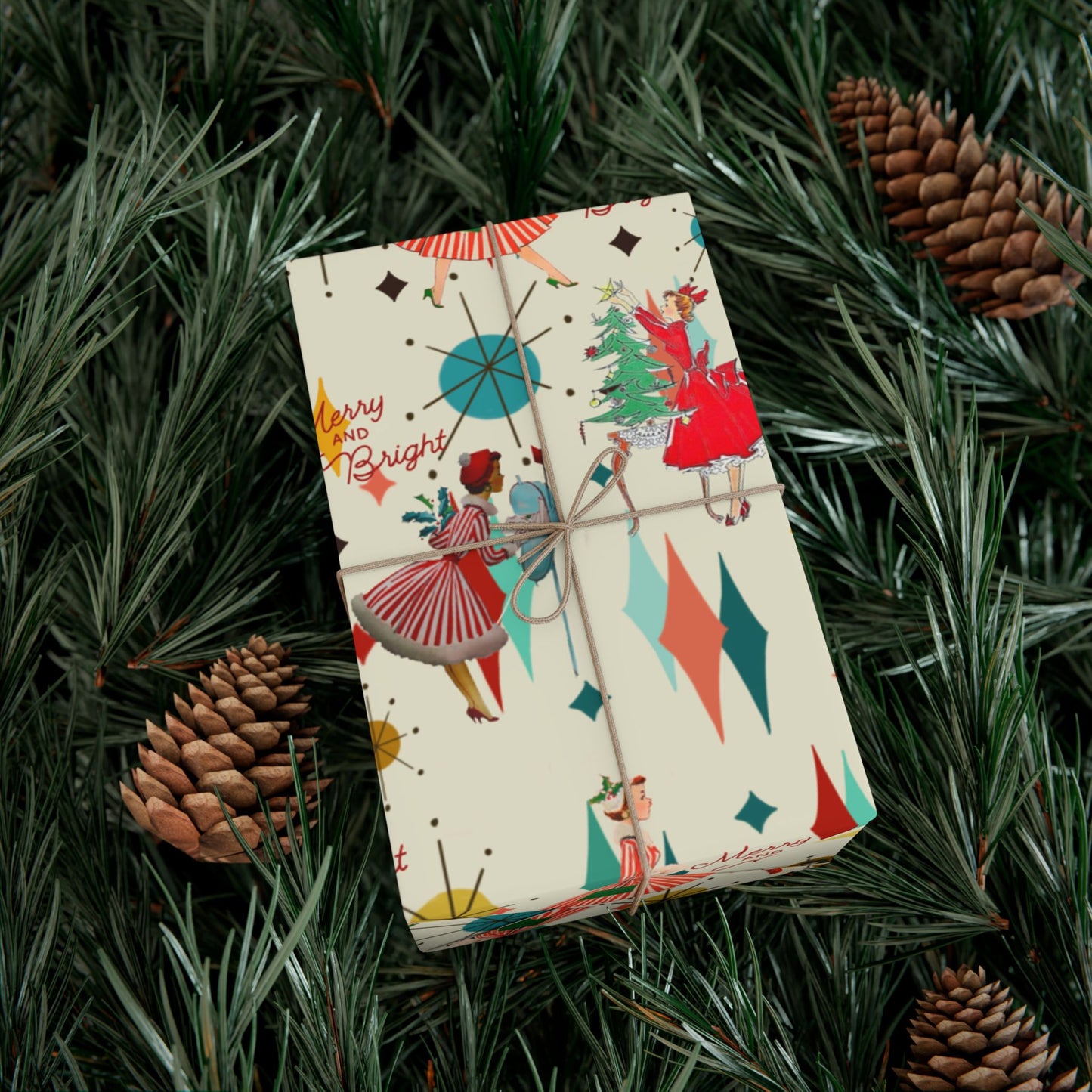 Mid-Century Holiday Gift Wrap Paper – Retro Christmas Dancers & “Merry and Bright” Pattern