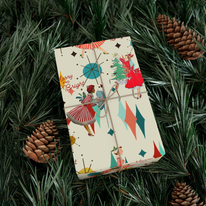 Mid-Century Holiday Gift Wrap Paper – Retro Christmas Dancers & “Merry and Bright” Pattern
