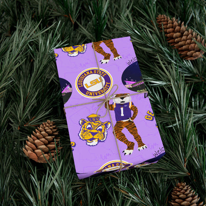 LSU Tigers Patterned Gift Wrap Paper — Purple College Mascot Wrapping Sheets