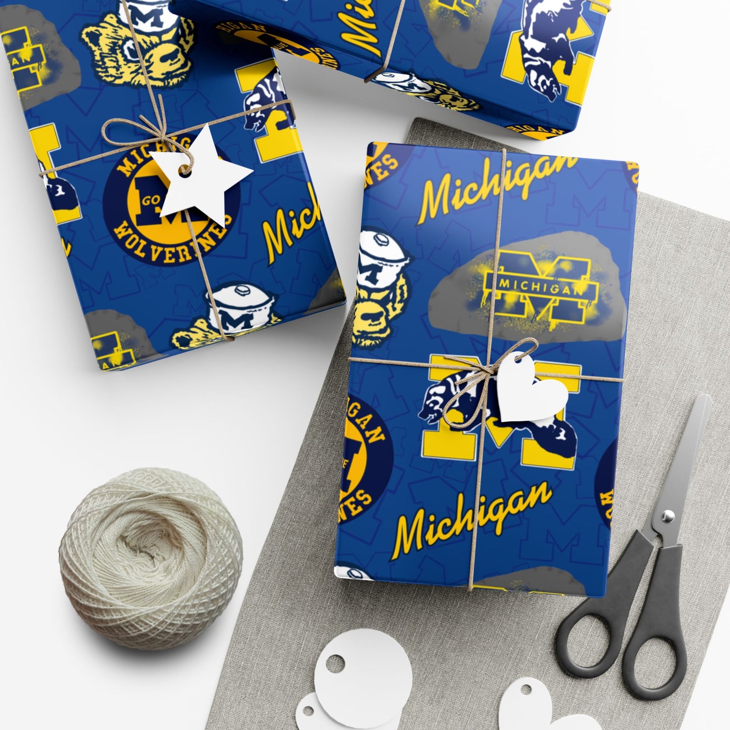 Michigan Wolverines Gift Wrap Paper – Blue & Maize Collegiate Pattern (Text: "Michigan")