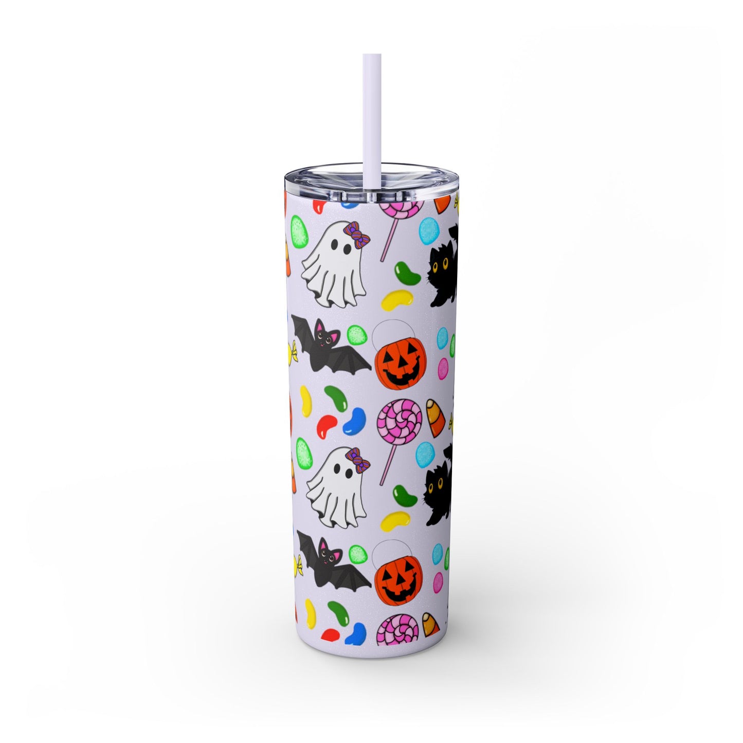 Cute Halloween Skinny Tumbler, 20oz Cat and Ghost Design, Spooky Drinkware, Trick-or-Treat Cup, Party Accessory, Fall Decor