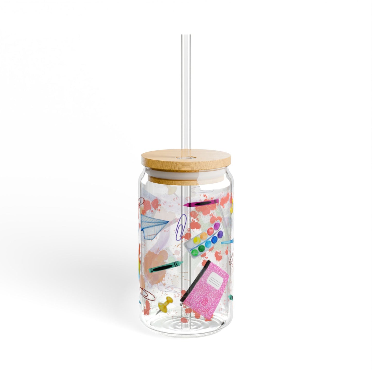 School Supplies Sipper Glass | Cute Drinkware for Teachers, Students, and Artists | Perfect for Back to School and Gifts