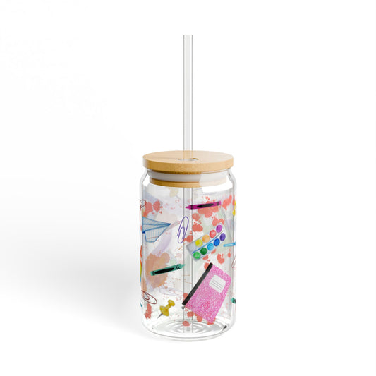 School Supplies Sipper Glass | Cute Drinkware for Teachers, Students, and Artists | Perfect for Back to School and Gifts