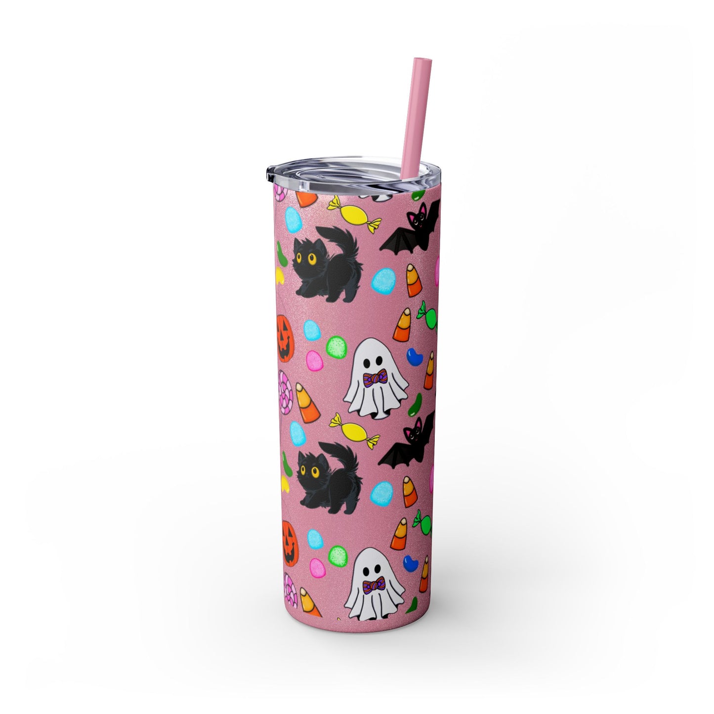 Cute Halloween Skinny Tumbler, 20oz Cat and Ghost Design, Spooky Drinkware, Trick-or-Treat Cup, Party Accessory, Fall Decor