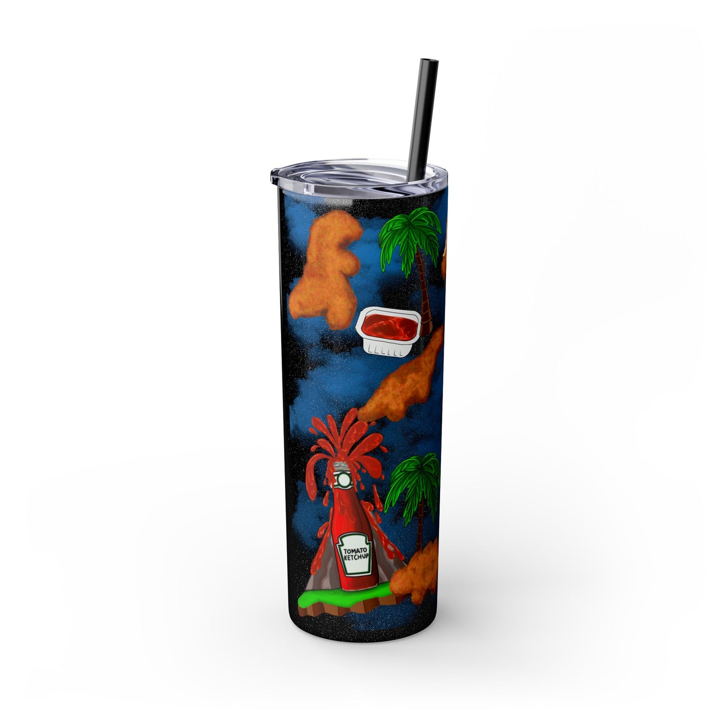 Dino Nuggets Tropical Themed Skinny Tumbler with Straw, 20oz | Fun Vacation Drinkware, Summer, Hawaiian Party, Gift for Beach Lovers