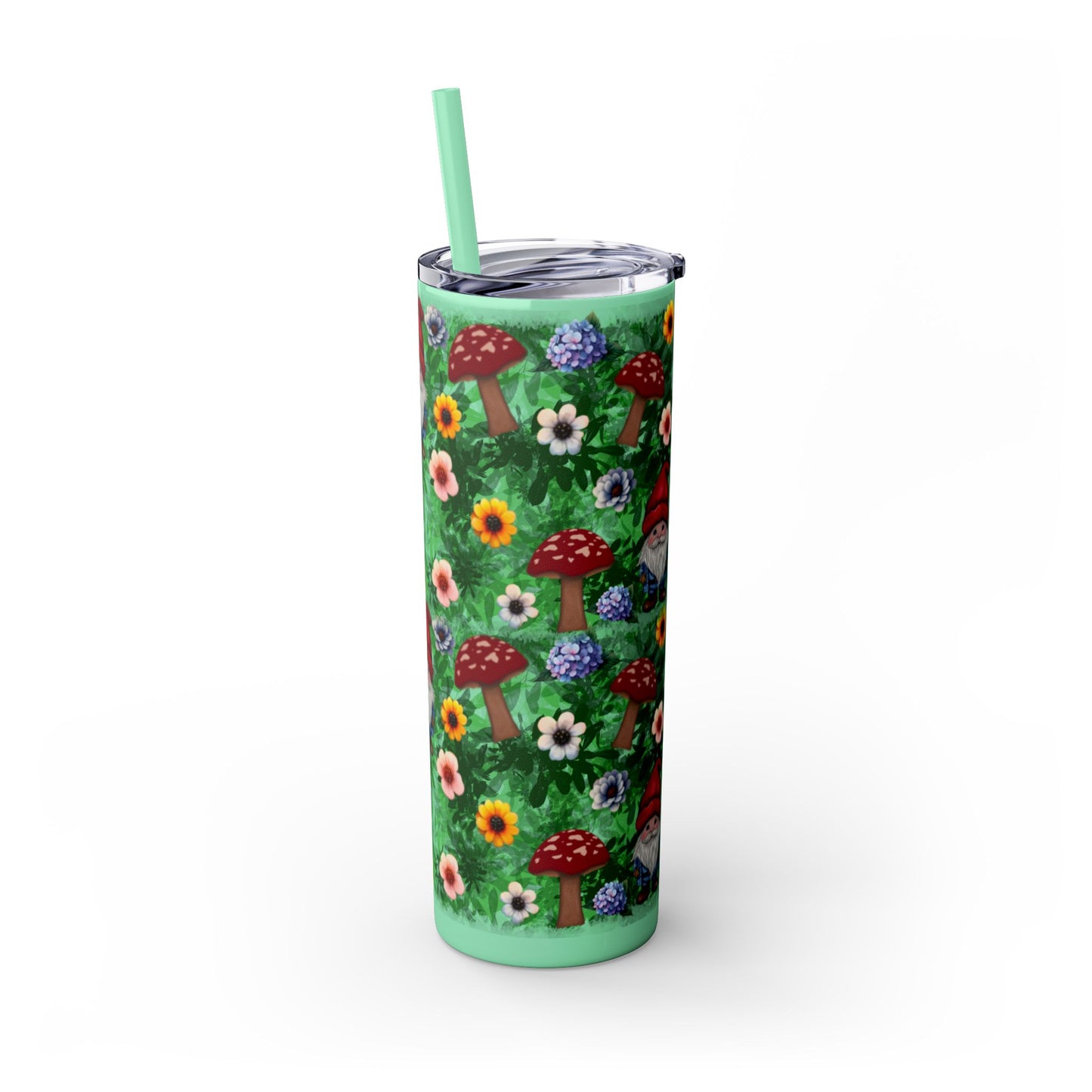 Whimsical Gnome Skinny Tumbler with Straw, Perfect for Garden Lovers, Cute Gift for Birthdays, Summer Drinks, Floral Design