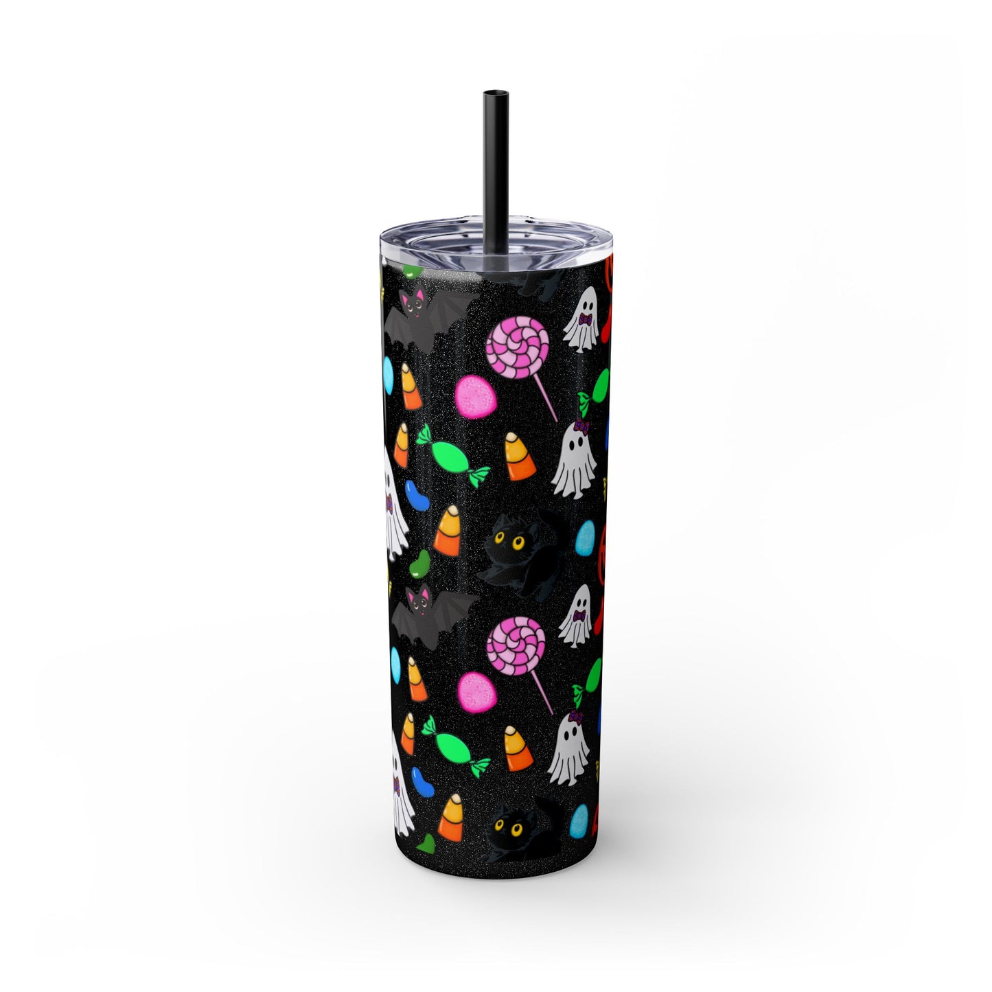 Cute Halloween Skinny Tumbler, 20oz Cat and Ghost Design, Spooky Drinkware, Trick-or-Treat Cup, Party Accessory, Fall Decor