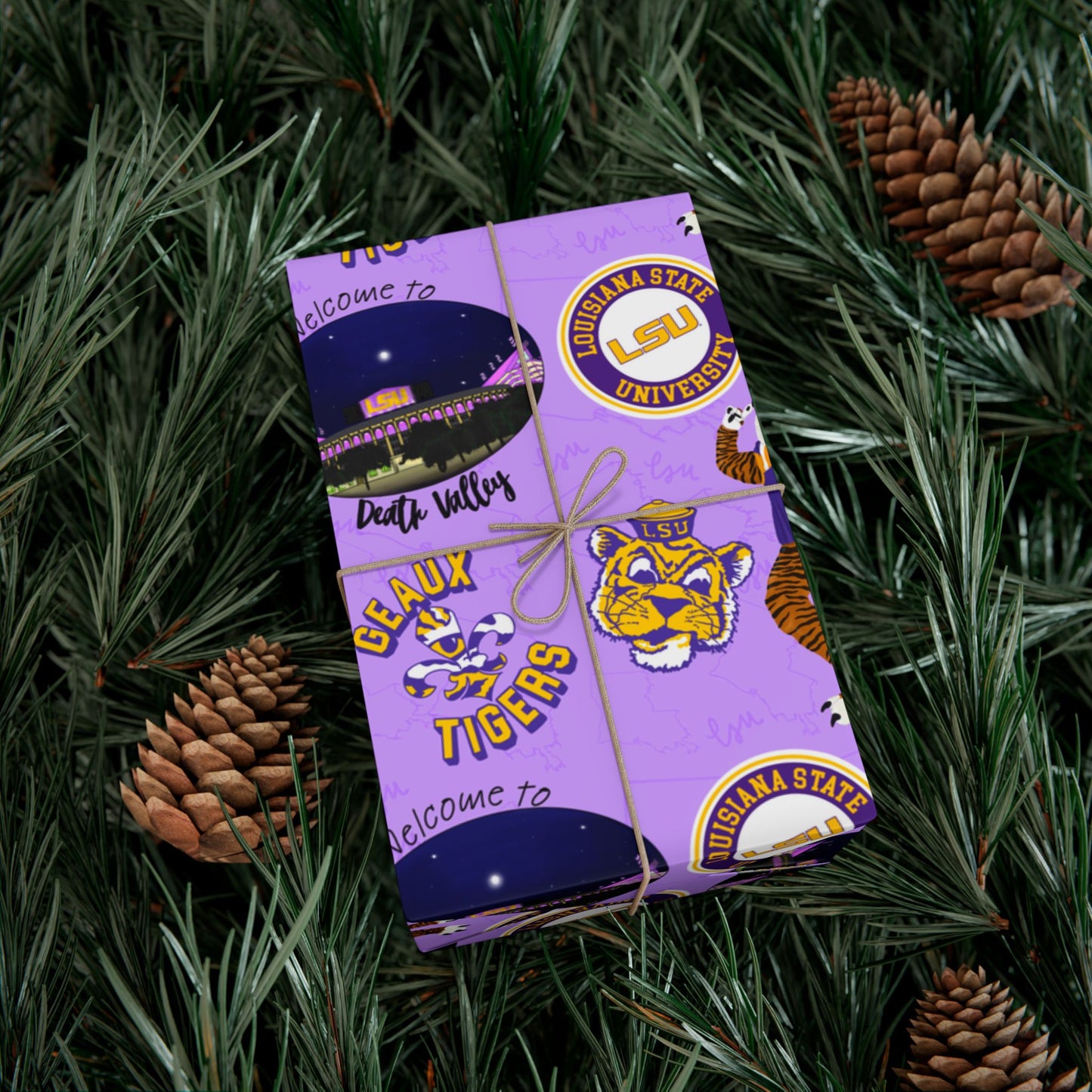 LSU Tigers Patterned Gift Wrap Paper — Purple College Mascot Wrapping Sheets