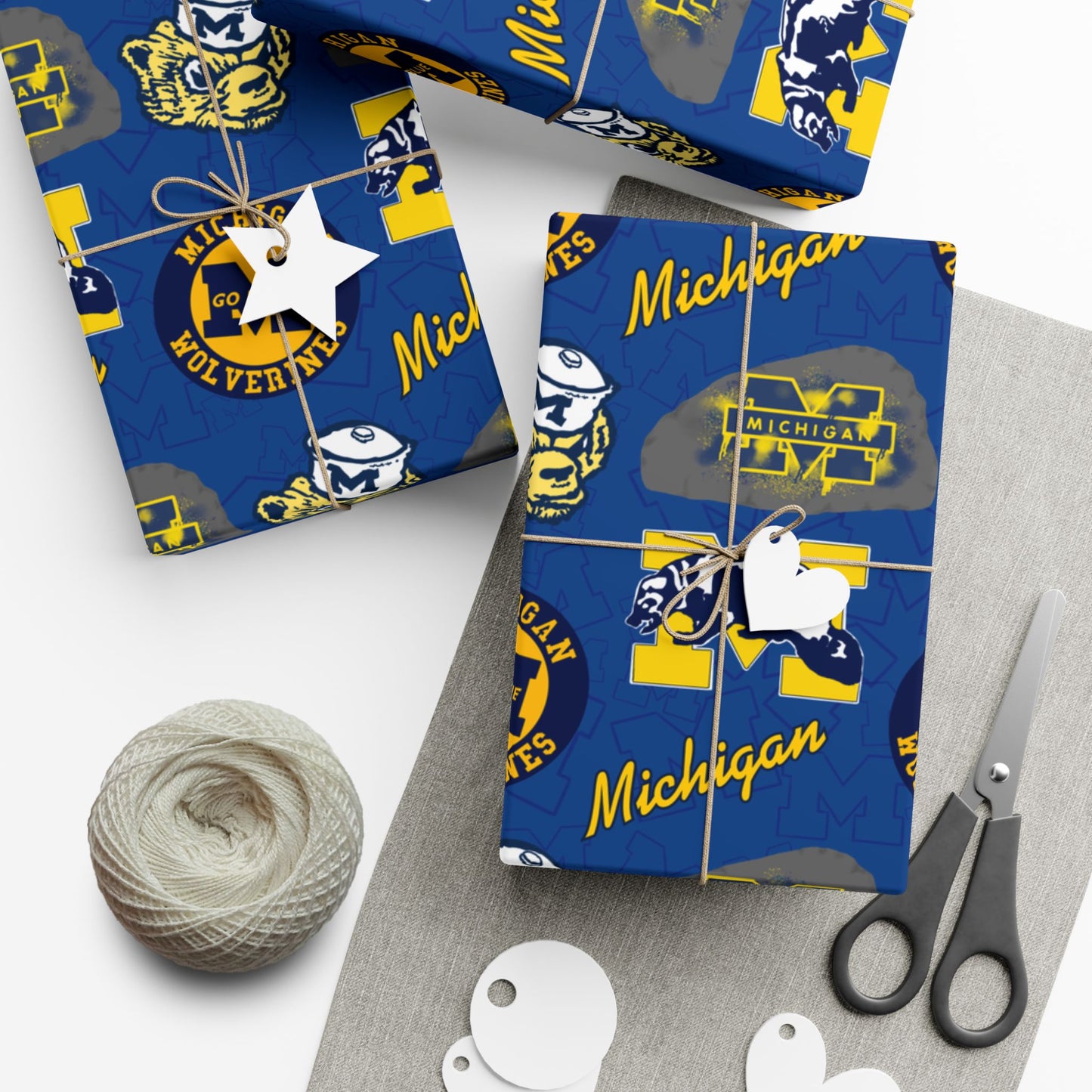 Michigan Wolverines Gift Wrap Paper – Blue & Maize Collegiate Pattern (Text: "Michigan")