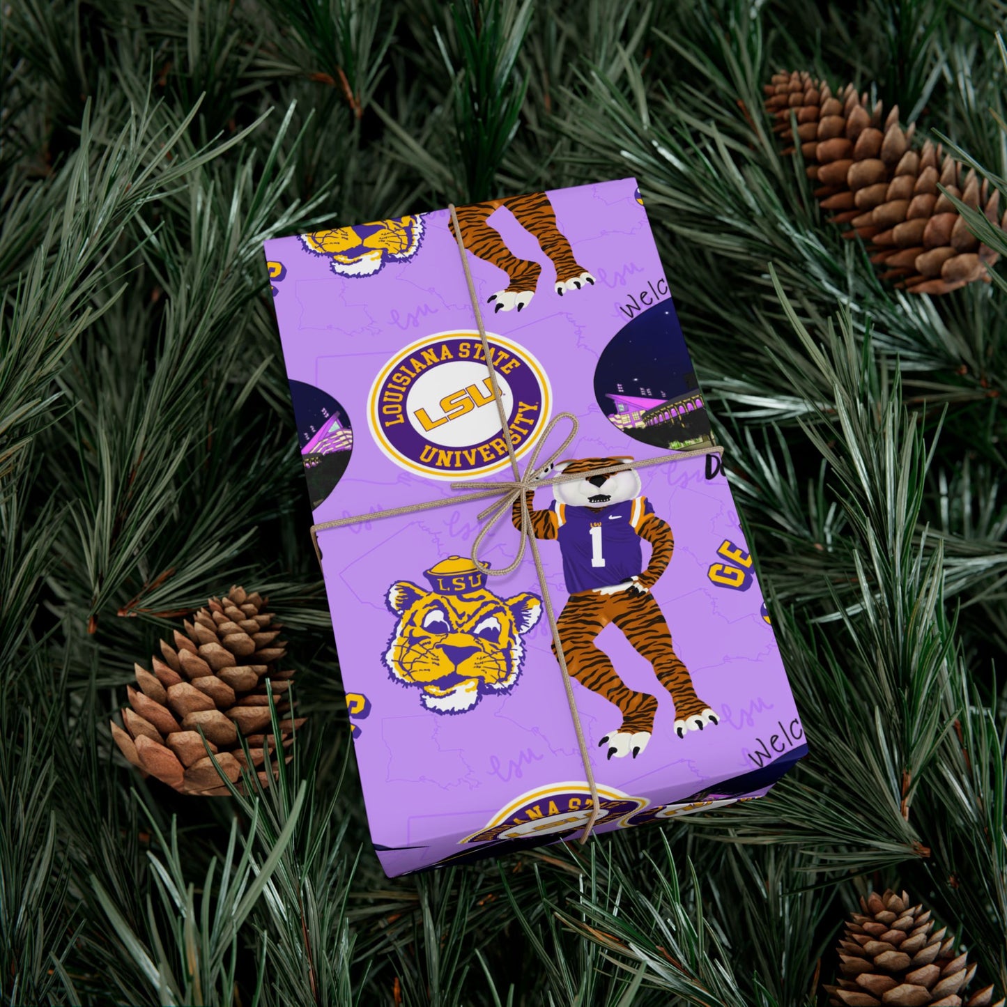 LSU Tigers Patterned Gift Wrap Paper — Purple College Mascot Wrapping Sheets