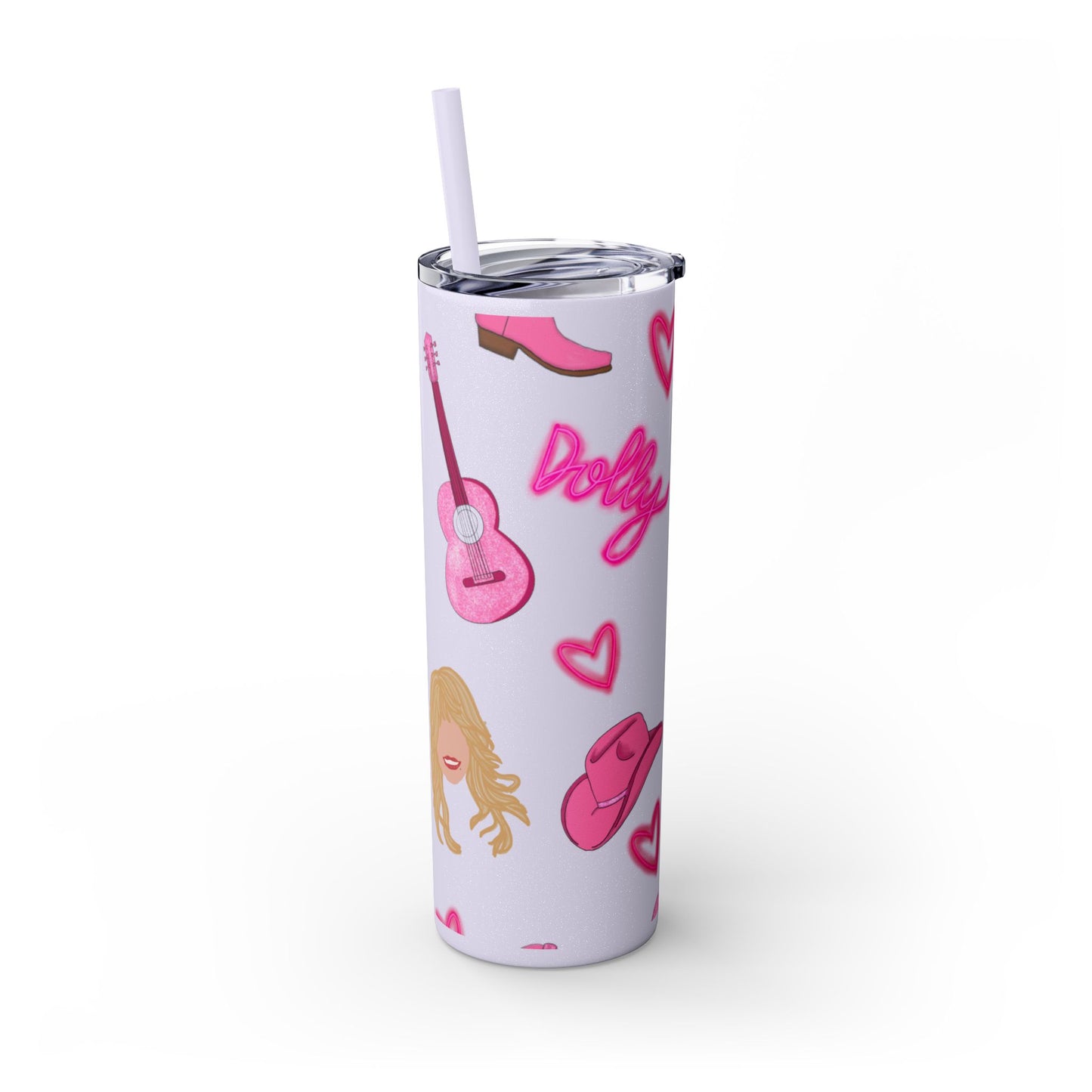 Dolly Parton Tumbler, 20oz Skinny Drinkware with Straw, Perfect for Concerts, Gifts for Music Lovers, Cute Pink Design, Fun Party Favor