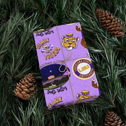 LSU Tigers Patterned Gift Wrap Paper — Purple College Mascot Wrapping Sheets