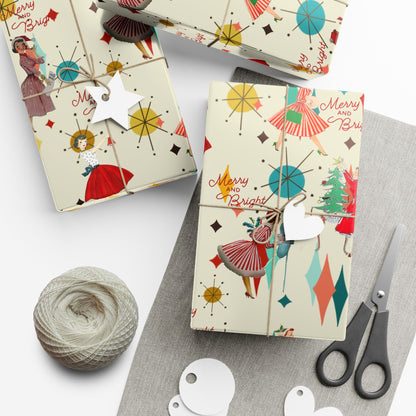 Mid-Century Holiday Gift Wrap Paper – Retro Christmas Dancers & “Merry and Bright” Pattern