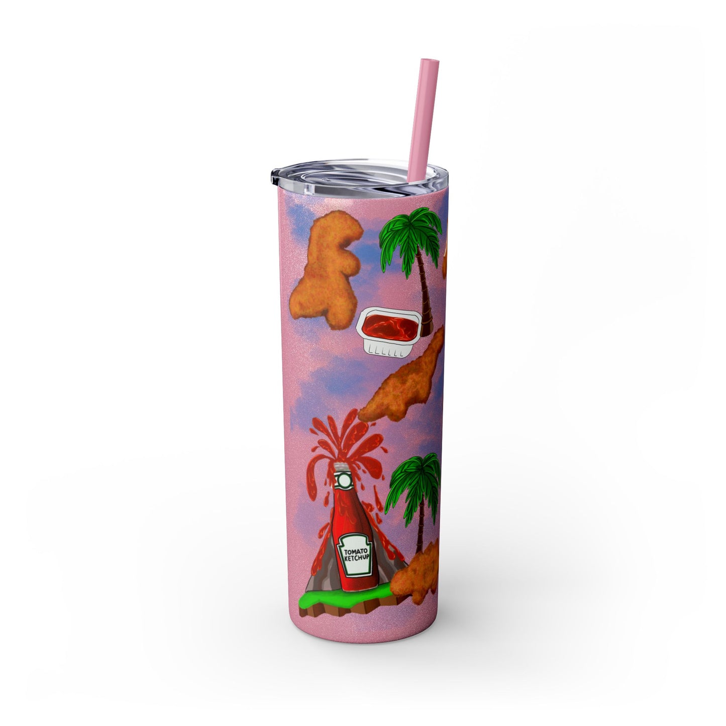 Dino Nuggets Tropical Themed Skinny Tumbler with Straw, 20oz | Fun Vacation Drinkware, Summer, Hawaiian Party, Gift for Beach Lovers