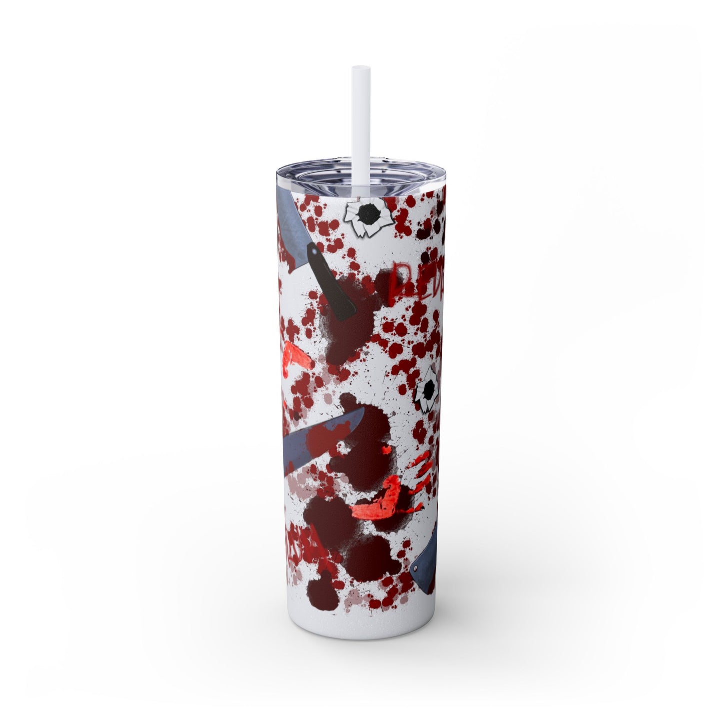 Blood Splatter Print Skinny Tumbler | 20oz Insulated Travel Cup, Unique Gift for Artists, Halloween Decor, Stylish Water Bottle, Revenge Themed