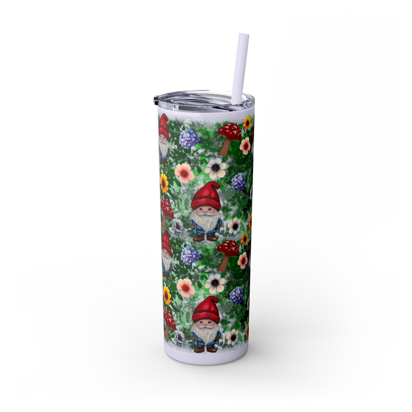 Whimsical Gnome Skinny Tumbler with Straw, Perfect for Garden Lovers, Cute Gift for Birthdays, Summer Drinks, Floral Design