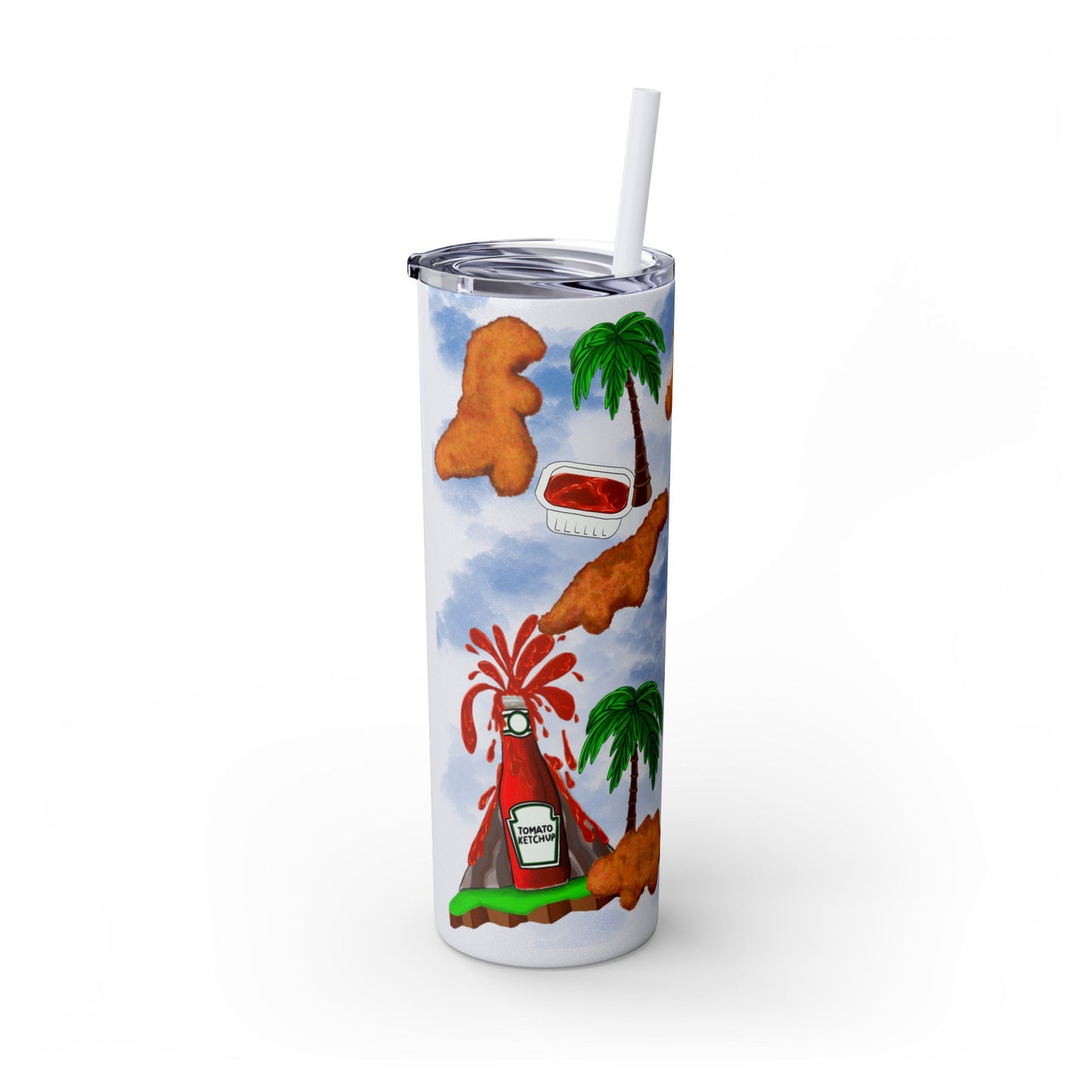Dino Nuggets Tropical Themed Skinny Tumbler with Straw, 20oz | Fun Vacation Drinkware, Summer, Hawaiian Party, Gift for Beach Lovers
