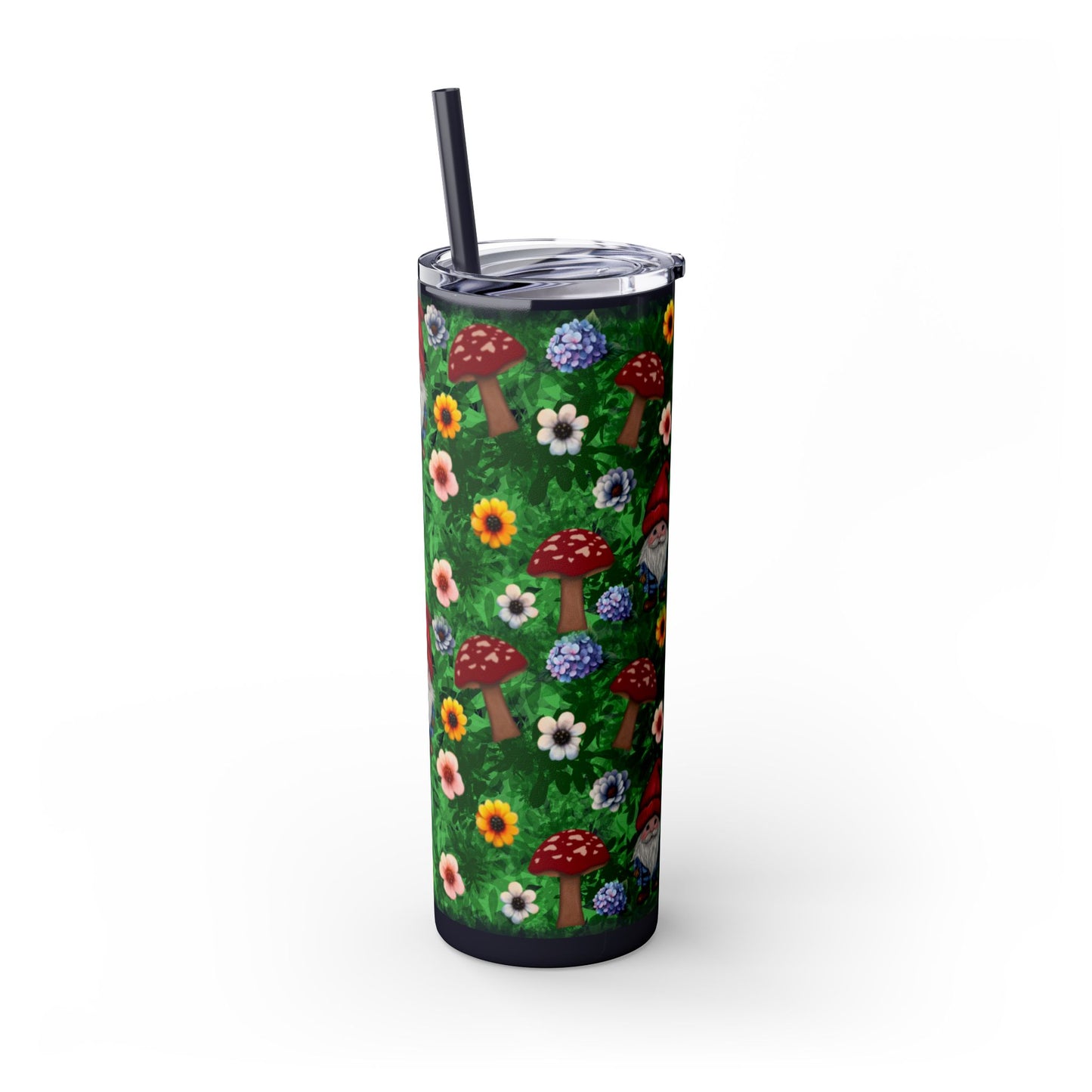Whimsical Gnome Skinny Tumbler with Straw, Perfect for Garden Lovers, Cute Gift for Birthdays, Summer Drinks, Floral Design