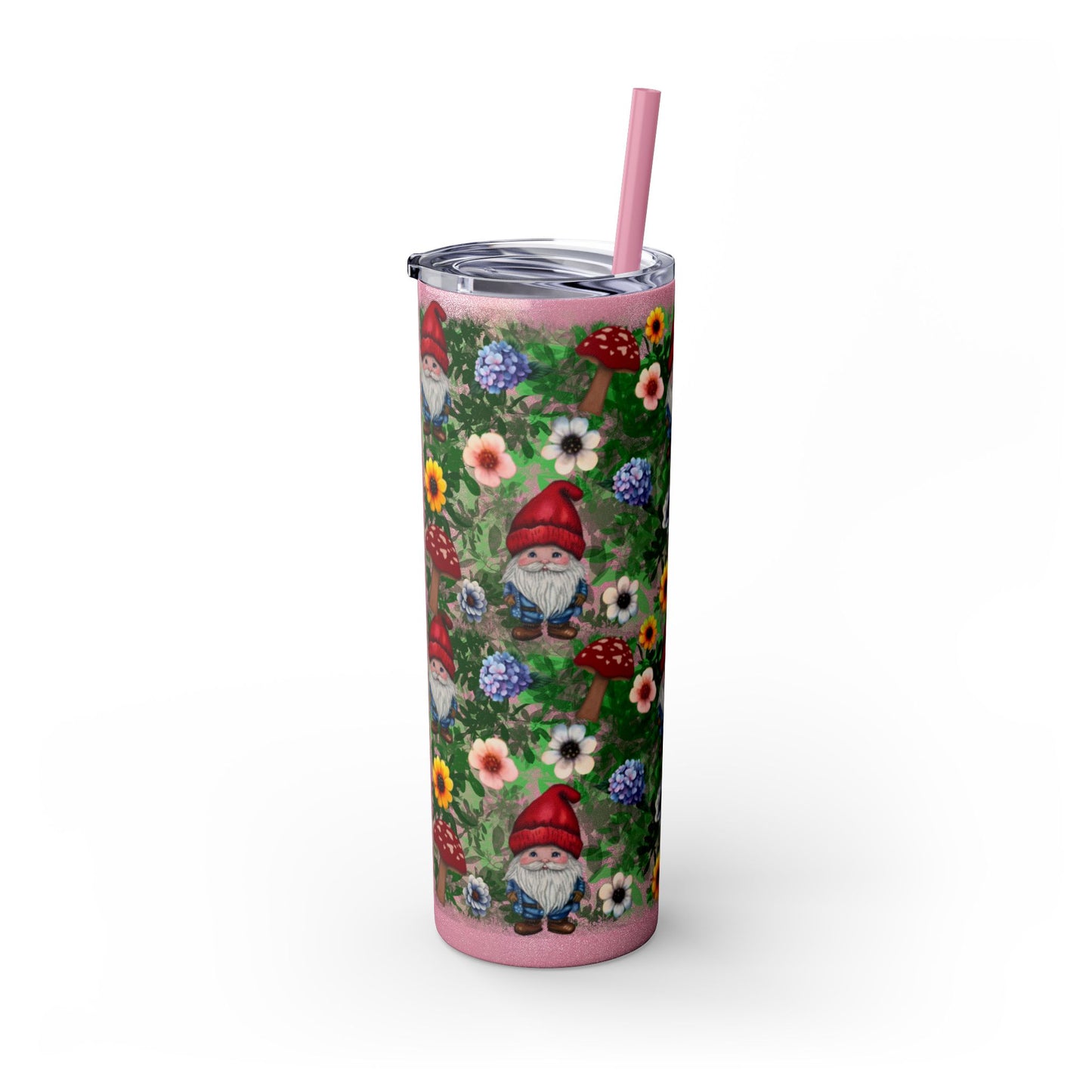 Whimsical Gnome Skinny Tumbler with Straw, Perfect for Garden Lovers, Cute Gift for Birthdays, Summer Drinks, Floral Design