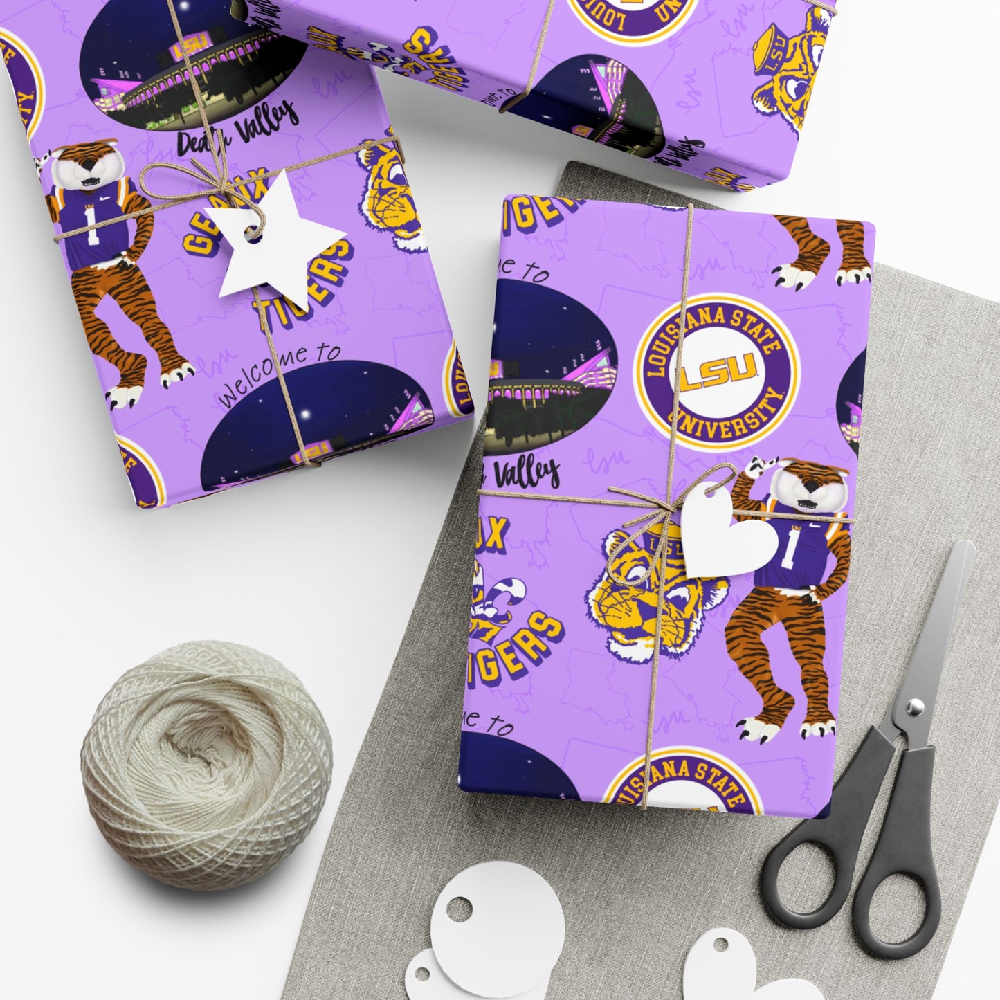 LSU Tigers Patterned Gift Wrap Paper — Purple College Mascot Wrapping Sheets