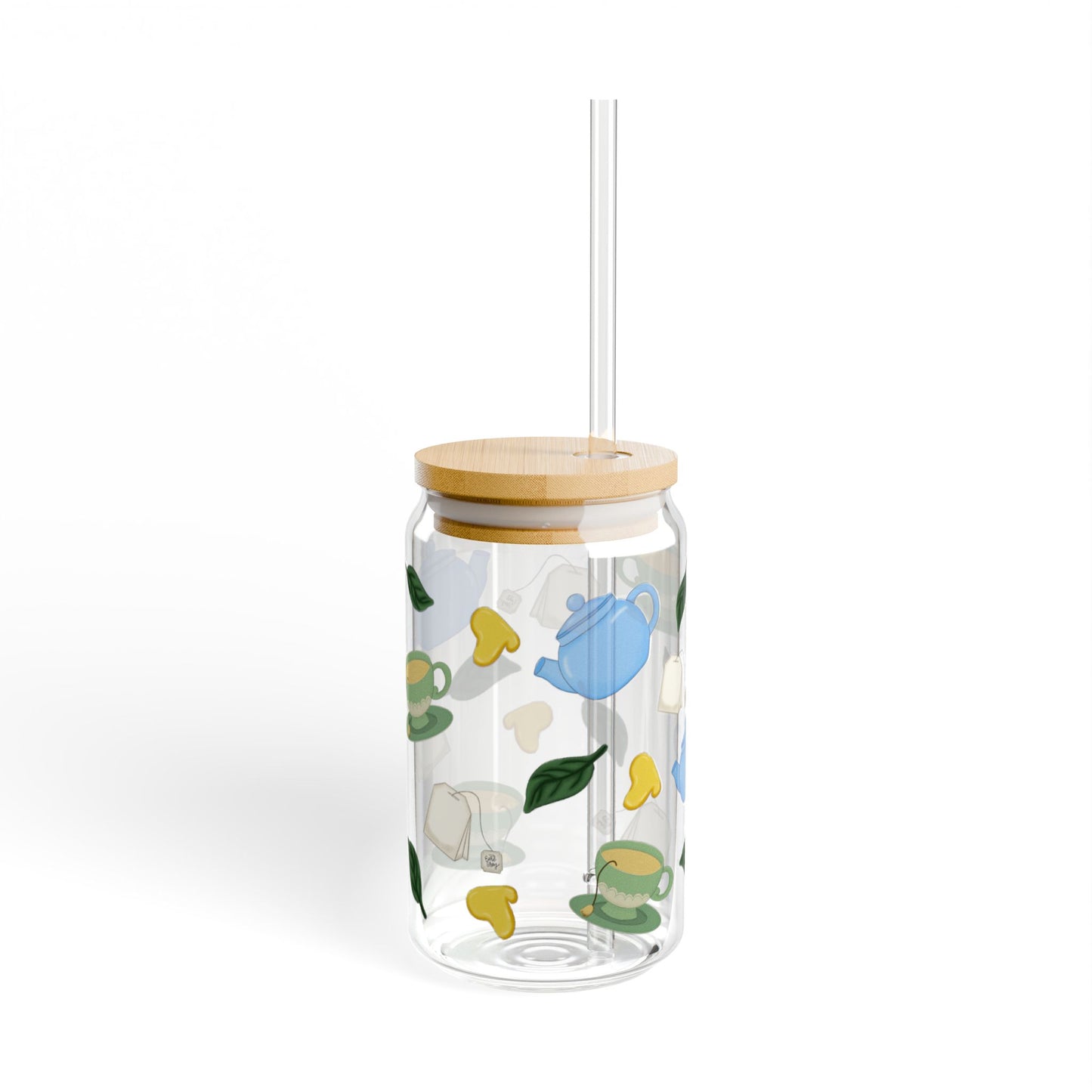 Tea Time 16oz Sipper Glass, Clear Glass Drinkware, Tea Party Essentials, Eco-Friendly Straw Cup, Perfect for Gifts & Home Decor