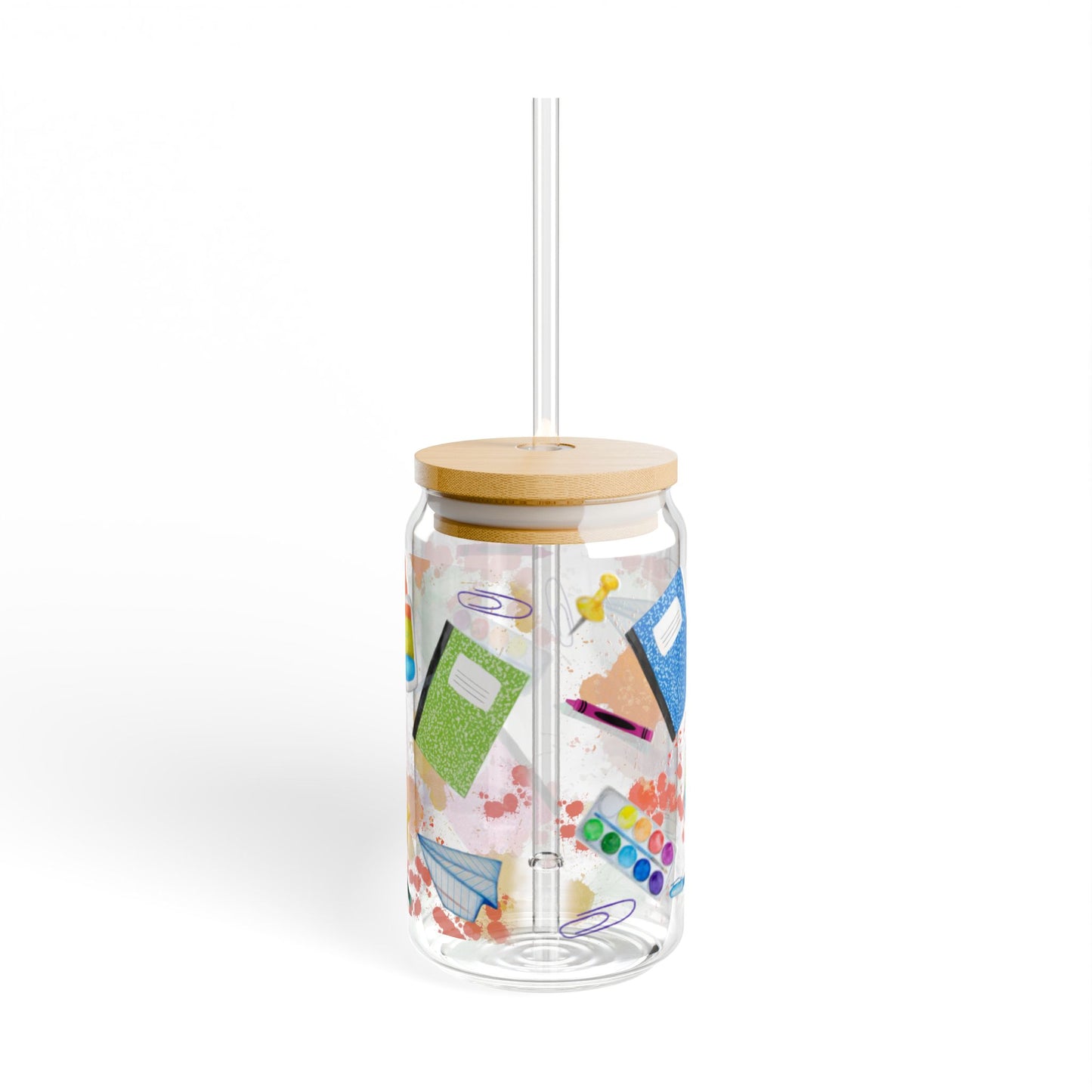 School Supplies Sipper Glass | Cute Drinkware for Teachers, Students, and Artists | Perfect for Back to School and Gifts