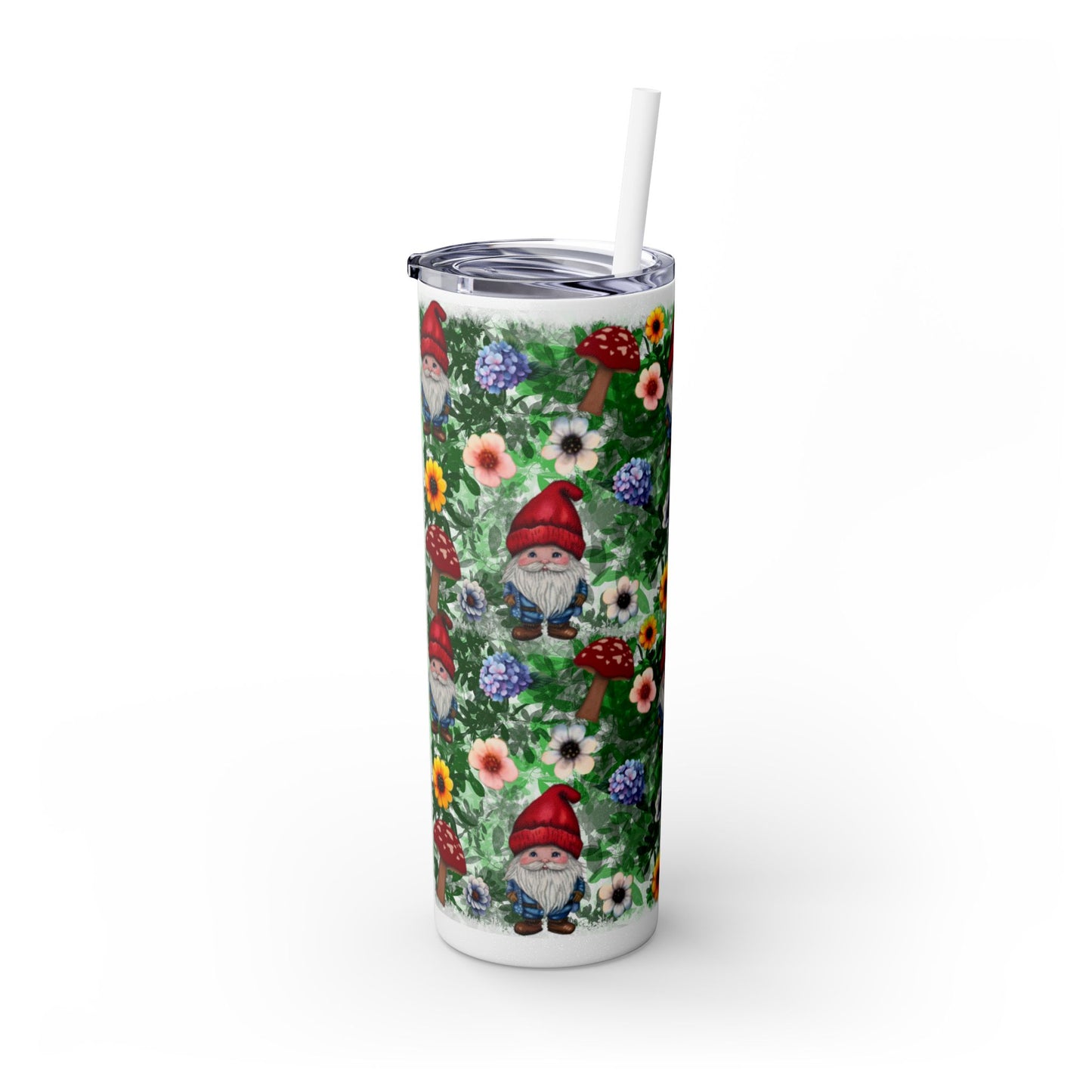 Whimsical Gnome Skinny Tumbler with Straw, Perfect for Garden Lovers, Cute Gift for Birthdays, Summer Drinks, Floral Design