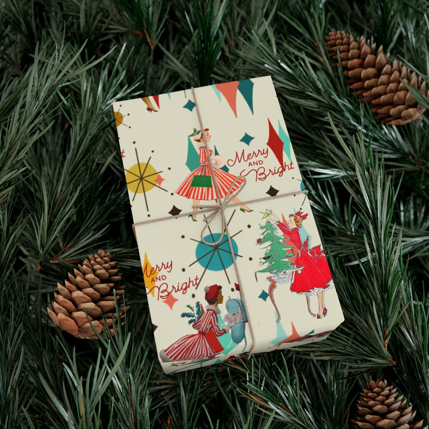 Mid-Century Holiday Gift Wrap Paper – Retro Christmas Dancers & “Merry and Bright” Pattern
