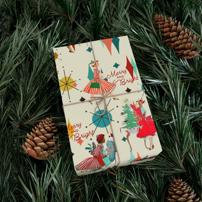 Mid-Century Holiday Gift Wrap Paper – Retro Christmas Dancers & “Merry and Bright” Pattern